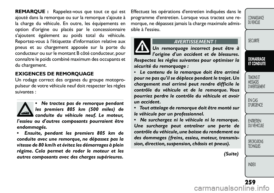 FIAT FREEMONT 2013 Notice dentretien (in French) REMARQUE :Rappelez-vous que tout ce qui est
ajouté dans la remorque ou sur la remorque sajoute à
la charge du véhicule. En outre, les équipements en
option dorigine ou placés par le concessionn FIAT FREEMONT 2013 Notice dentretien (in French) REMARQUE :Rappelez-vous que tout ce qui est
ajouté dans la remorque ou sur la remorque sajoute à
la charge du véhicule. En outre, les équipements en
option dorigine ou placés par le concessionn