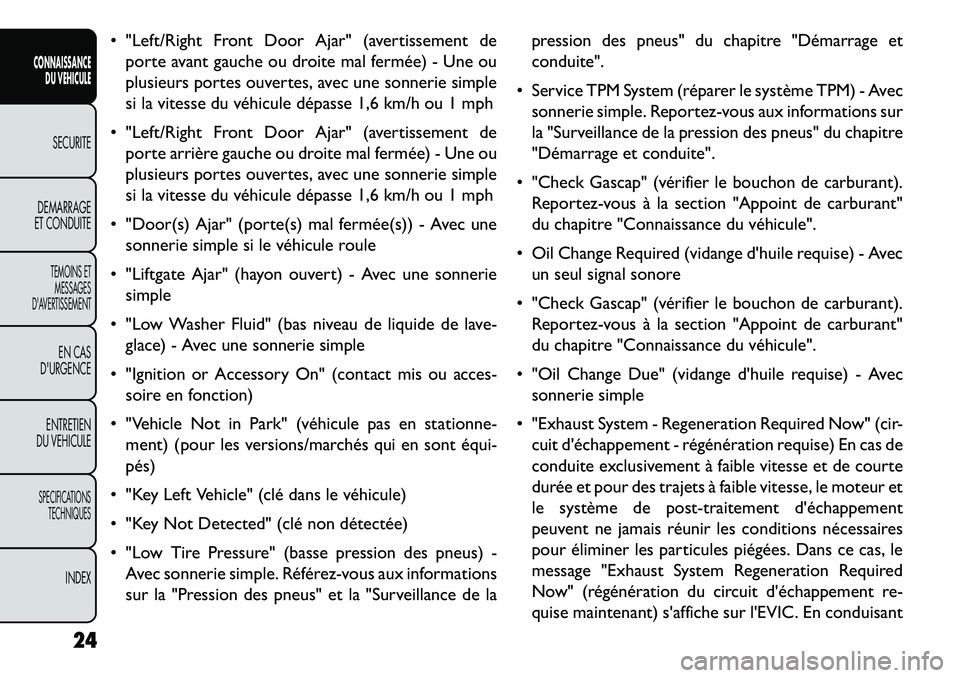 FIAT FREEMONT 2013 Notice dentretien (in French) "Left/Right Front Door Ajar" (avertissement deporte avant gauche ou droite mal fermée) - Une ou
plusieurs portes ouvertes, avec une sonnerie simple
si la vitesse du véhicule dépasse 1,6 km/h ou 1 FIAT FREEMONT 2013 Notice dentretien (in French) "Left/Right Front Door Ajar" (avertissement deporte avant gauche ou droite mal fermée) - Une ou
plusieurs portes ouvertes, avec une sonnerie simple
si la vitesse du véhicule dépasse 1,6 km/h ou 1