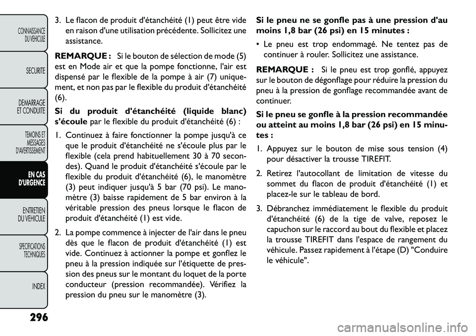 FIAT FREEMONT 2013 Notice dentretien (in French) 3. Le flacon de produit détanchéité (1) peut être videen raison dune utilisation précédente. Sollicitez une
assistance.
REMARQUE : Si le bouton de sélection de mode (5)
est en Mode air et que FIAT FREEMONT 2013 Notice dentretien (in French) 3. Le flacon de produit détanchéité (1) peut être videen raison dune utilisation précédente. Sollicitez une
assistance.
REMARQUE : Si le bouton de sélection de mode (5)
est en Mode air et que