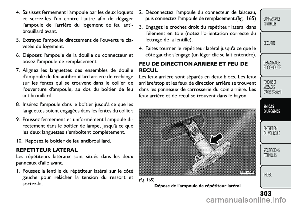 FIAT FREEMONT 2013 Notice dentretien (in French) 4. Saisissez fermement lampoule par les deux loquetset serrez-les lun contre lautre afin de dégager
lampoule de larrière du logement de feu anti-
brouillard avant.
5. Extrayez lampoule directe FIAT FREEMONT 2013 Notice dentretien (in French) 4. Saisissez fermement lampoule par les deux loquetset serrez-les lun contre lautre afin de dégager
lampoule de larrière du logement de feu anti-
brouillard avant.
5. Extrayez lampoule directe