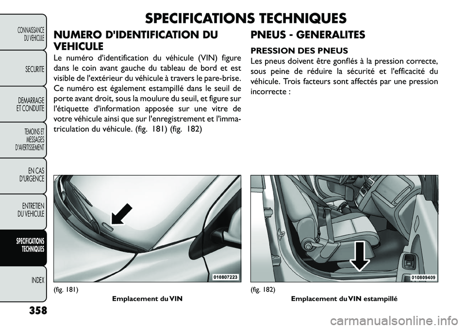 FIAT FREEMONT 2013  Notice dentretien (in French) SPECIFICATIONS TECHNIQUES
NUMERO DIDENTIFICATION DU
VEHICULE
Le numéro didentification du véhicule (VIN) figure
dans le coin avant gauche du tableau de bord et est
visible de lextérieur du véhi