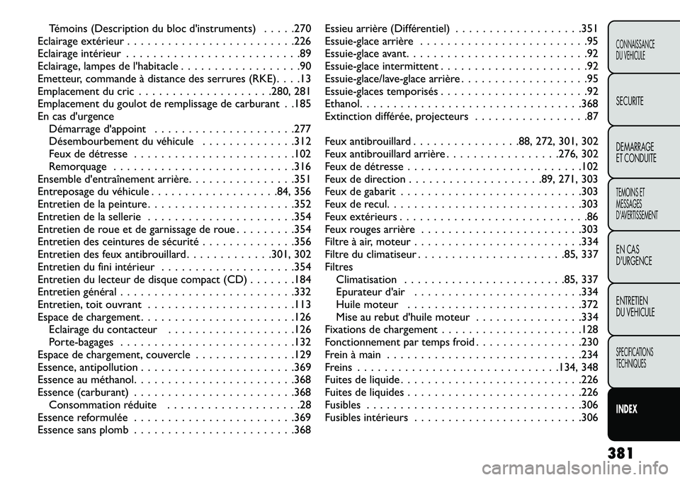 FIAT FREEMONT 2013  Notice dentretien (in French) Témoins (Description du bloc dinstruments) . . . . .270
Eclairage extérieur . . . . . . . . . . . . . . . . . . . . . . . . .226
Eclairage intérieur . . . . . . . . . . . . . . . . . . . . . . . .