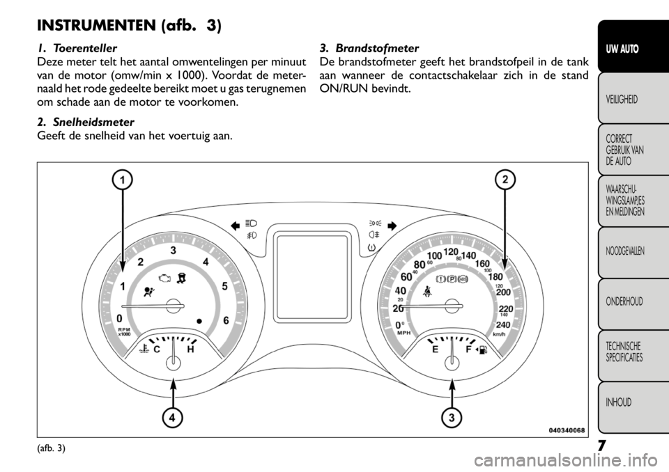 FIAT FREEMONT 2011 Instructieboek (in Dutch) INSTRUMENTEN (afb. 3)
1. Toerenteller
Deze meter telt het aantal omwentelingen per minuut
van de motor (omw/min x 1000). Voordat de meter-
naald het rode gedeelte bereikt moet u gas terugnemen
om sc FIAT FREEMONT 2011 Instructieboek (in Dutch) INSTRUMENTEN (afb. 3)
1. Toerenteller
Deze meter telt het aantal omwentelingen per minuut
van de motor (omw/min x 1000). Voordat de meter-
naald het rode gedeelte bereikt moet u gas terugnemen
om sc