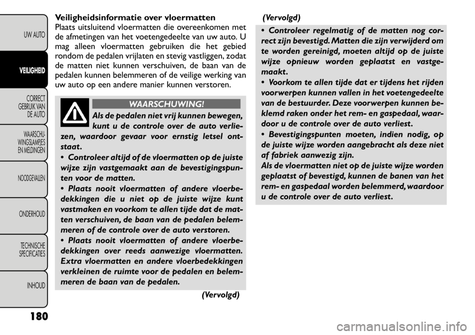 FIAT FREEMONT 2011 Instructieboek (in Dutch) Veiligheidsinformatie over vloermatten
Plaats uitsluitend vloermatten die overeenkomen met
de afmetingen van het voetengedeelte van uw auto. U
mag alleen vloermatten gebruiken die het gebied
rondom d FIAT FREEMONT 2011 Instructieboek (in Dutch) Veiligheidsinformatie over vloermatten
Plaats uitsluitend vloermatten die overeenkomen met
de afmetingen van het voetengedeelte van uw auto. U
mag alleen vloermatten gebruiken die het gebied
rondom d