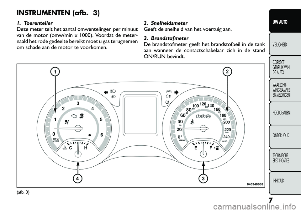 FIAT FREEMONT 2012  Instructieboek (in Dutch) INSTRUMENTEN (afb. 3) 
1. Toerenteller 
Deze meter telt het aantal omwentelingen per minuut
van de motor (omw/min x 1000). Voordat de meter-
naald het rode gedeelte bereikt moet u gas terugnemen
om sc