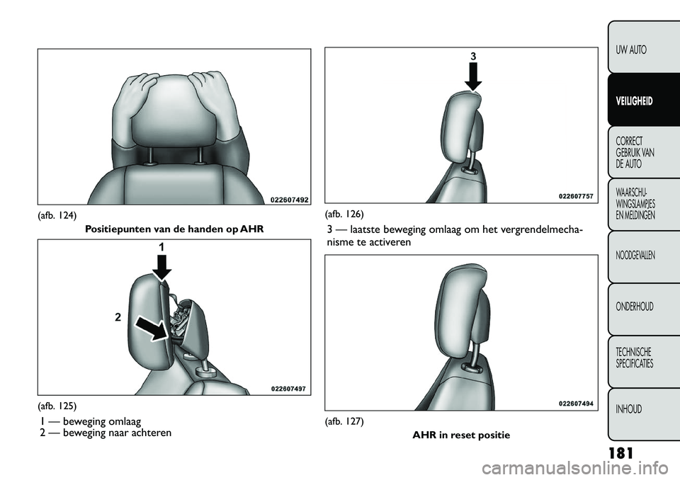 FIAT FREEMONT 2012 Instructieboek (in Dutch) (afb. 124)Positiepunten van de handen op AHR(afb. 125)
1 — beweging omlaag
2 — beweging naar achteren
(afb. 126)3 — laatste beweging omlaag om het vergrendelmecha-
nisme te activeren(afb. 127) FIAT FREEMONT 2012 Instructieboek (in Dutch) (afb. 124)Positiepunten van de handen op AHR(afb. 125)
1 — beweging omlaag
2 — beweging naar achteren
(afb. 126)3 — laatste beweging omlaag om het vergrendelmecha-
nisme te activeren(afb. 127)