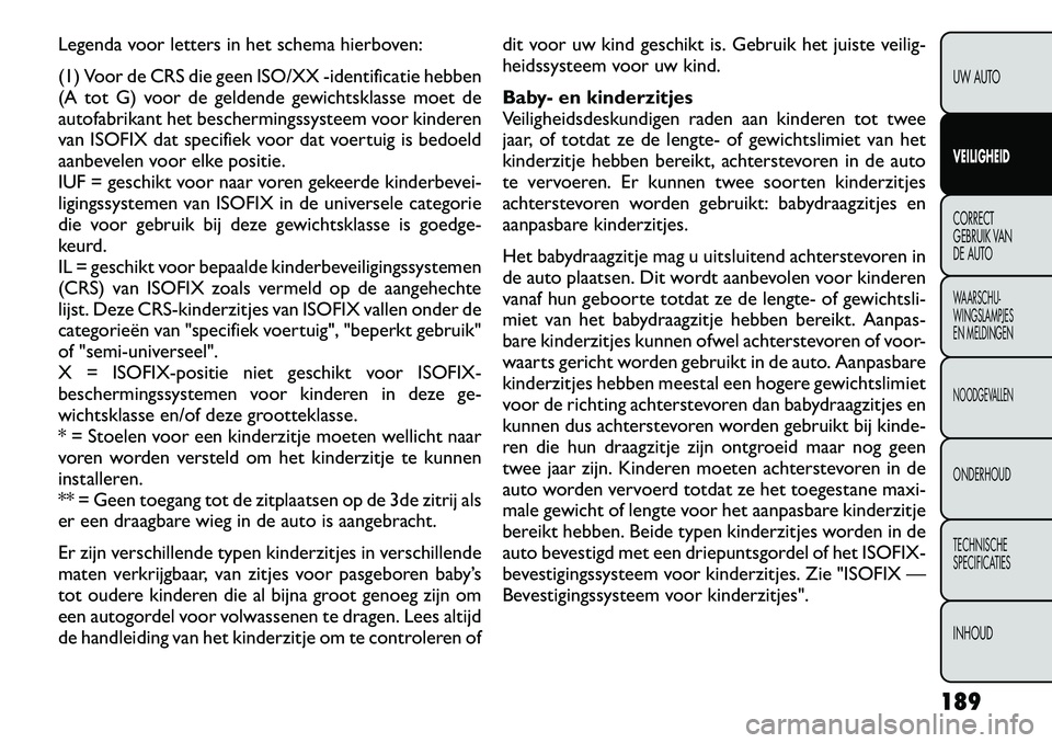 FIAT FREEMONT 2012 Instructieboek (in Dutch) Legenda voor letters in het schema hierboven:
(1) Voor de CRS die geen ISO/XX -identificatie hebben
(A tot G) voor de geldende gewichtsklasse moet de
autofabrikant het beschermingssysteem voor kinde FIAT FREEMONT 2012 Instructieboek (in Dutch) Legenda voor letters in het schema hierboven:
(1) Voor de CRS die geen ISO/XX -identificatie hebben
(A tot G) voor de geldende gewichtsklasse moet de
autofabrikant het beschermingssysteem voor kinde