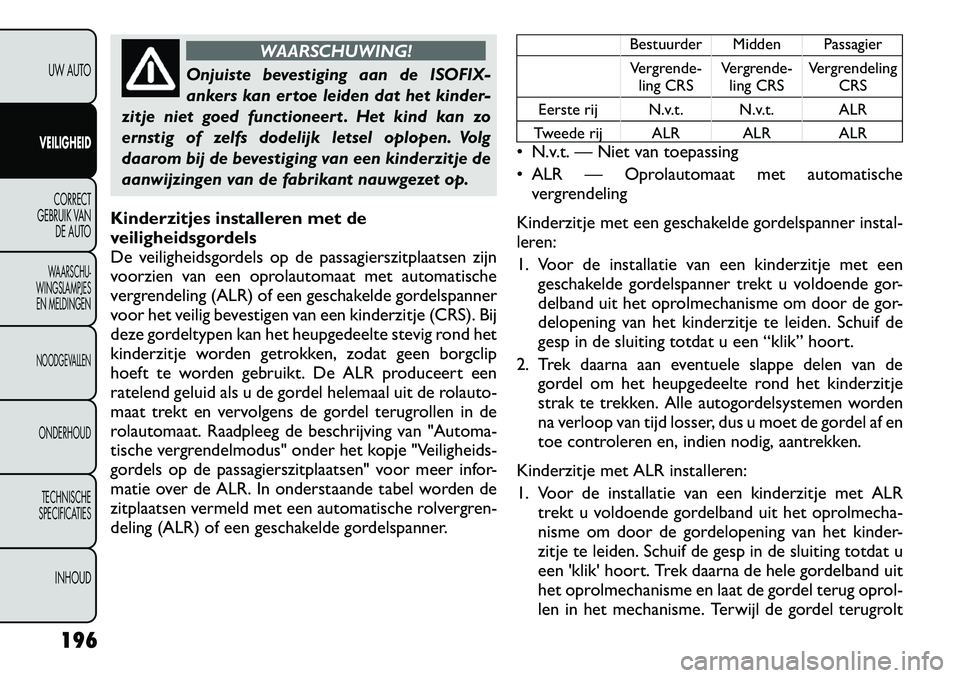 FIAT FREEMONT 2012 Instructieboek (in Dutch) WAARSCHUWING!
Onjuiste bevestiging aan de ISOFIX-
ankers kan ertoe leiden dat het kinder-
zitje niet goed functioneert . Het kind kan zo
ernstig of zelfs dodelijk letsel oplopen. Volg
daarom bij de b FIAT FREEMONT 2012 Instructieboek (in Dutch) WAARSCHUWING!
Onjuiste bevestiging aan de ISOFIX-
ankers kan ertoe leiden dat het kinder-
zitje niet goed functioneert . Het kind kan zo
ernstig of zelfs dodelijk letsel oplopen. Volg
daarom bij de b