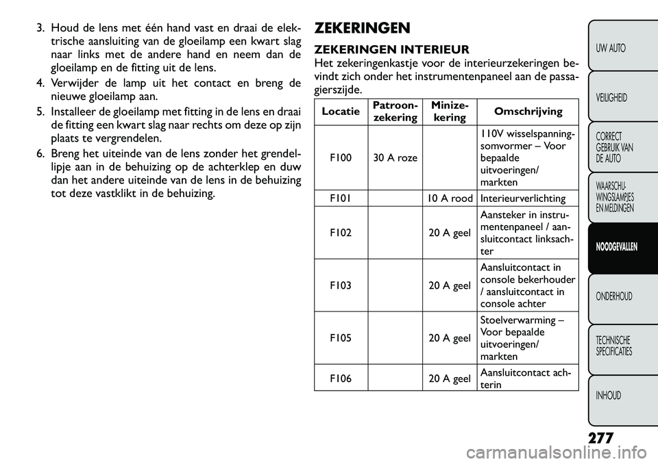 FIAT FREEMONT 2012  Instructieboek (in Dutch) 3. Houd de lens met één hand vast en draai de elek-trische aansluiting van de gloeilamp een kwart slag 
naar links met de andere hand en neem dan de
gloeilamp en de fitting uit de lens.
4. Verwijder