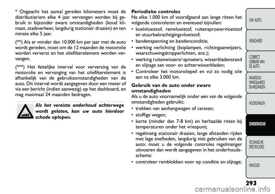 FIAT FREEMONT 2012 Instructieboek (in Dutch) * Ongeacht het aantal gereden kilometers moet de
distributieriem elke 4 jaar vervangen worden bij ge-
bruik in bijzonder zware omstandigheden (koud kli-
maat, stadsverkeer, langdurig stationair draai FIAT FREEMONT 2012 Instructieboek (in Dutch) * Ongeacht het aantal gereden kilometers moet de
distributieriem elke 4 jaar vervangen worden bij ge-
bruik in bijzonder zware omstandigheden (koud kli-
maat, stadsverkeer, langdurig stationair draai