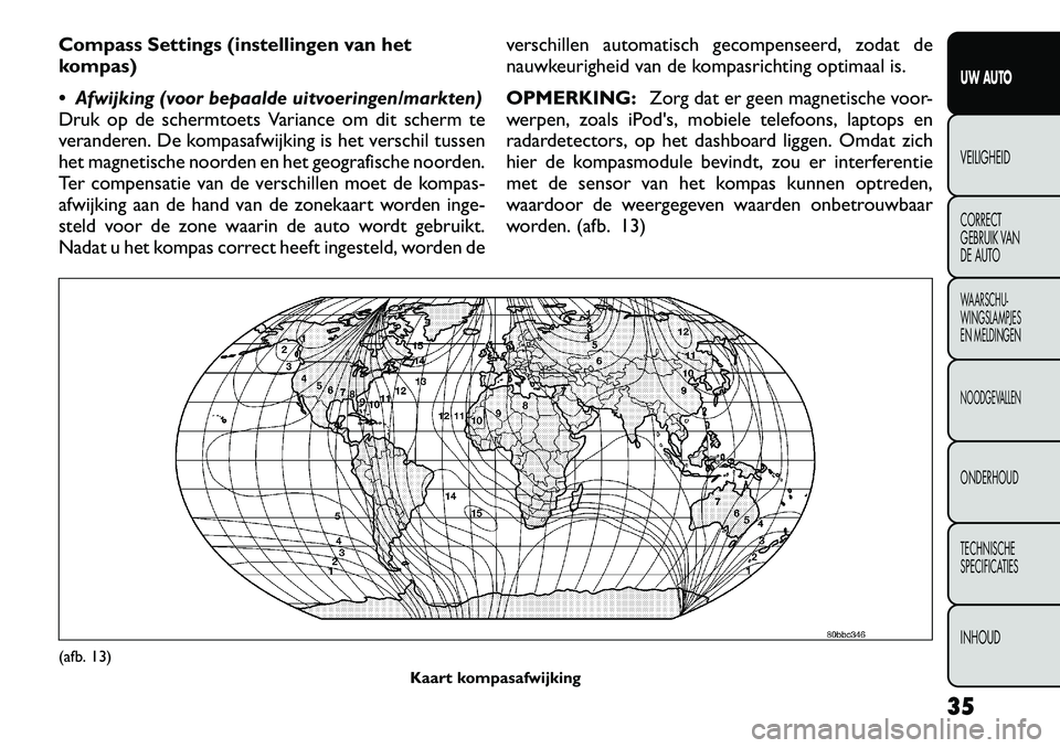 FIAT FREEMONT 2012 Instructieboek (in Dutch) Compass Settings (instellingen van het
kompas)
Afwijking (voor bepaalde uitvoeringen/markten)
Druk op de schermtoets Variance om dit scherm te
veranderen. De kompasafwijking is het verschil tusse FIAT FREEMONT 2012 Instructieboek (in Dutch) Compass Settings (instellingen van het
kompas)
Afwijking (voor bepaalde uitvoeringen/markten)
Druk op de schermtoets Variance om dit scherm te
veranderen. De kompasafwijking is het verschil tusse