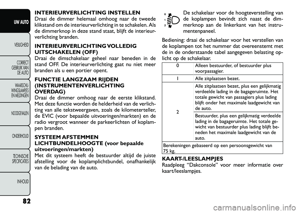 FIAT FREEMONT 2012 Instructieboek (in Dutch) INTERIEURVERLICHTING INSTELLEN
Draai de dimmer helemaal omhoog naar de tweede
klikstand om de interieurverlichting in te schakelen. Als
de dimmerknop in deze stand staat, blijft de interieur-
verlich FIAT FREEMONT 2012 Instructieboek (in Dutch) INTERIEURVERLICHTING INSTELLEN
Draai de dimmer helemaal omhoog naar de tweede
klikstand om de interieurverlichting in te schakelen. Als
de dimmerknop in deze stand staat, blijft de interieur-
verlich