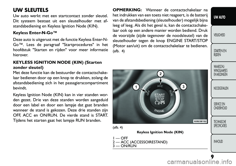 FIAT FREEMONT 2013  Instructieboek (in Dutch) UW SLEUTELS
Uw auto werkt met een startcontact zonder sleutel.
Dit systeem bestaat uit een sleutelhouder met af-
standsbediening en Keyless Ignition Node (KIN).
Keyless Enter-N-Go™
Deze auto is uitg