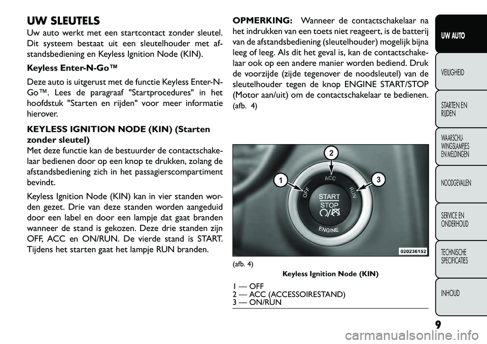 FIAT FREEMONT 2013 Instructieboek (in Dutch) UW SLEUTELS
Uw auto werkt met een startcontact zonder sleutel.
Dit systeem bestaat uit een sleutelhouder met af-
standsbediening en Keyless Ignition Node (KIN).
Keyless Enter-N-Go™
Deze auto is uitg FIAT FREEMONT 2013 Instructieboek (in Dutch) UW SLEUTELS
Uw auto werkt met een startcontact zonder sleutel.
Dit systeem bestaat uit een sleutelhouder met af-
standsbediening en Keyless Ignition Node (KIN).
Keyless Enter-N-Go™
Deze auto is uitg