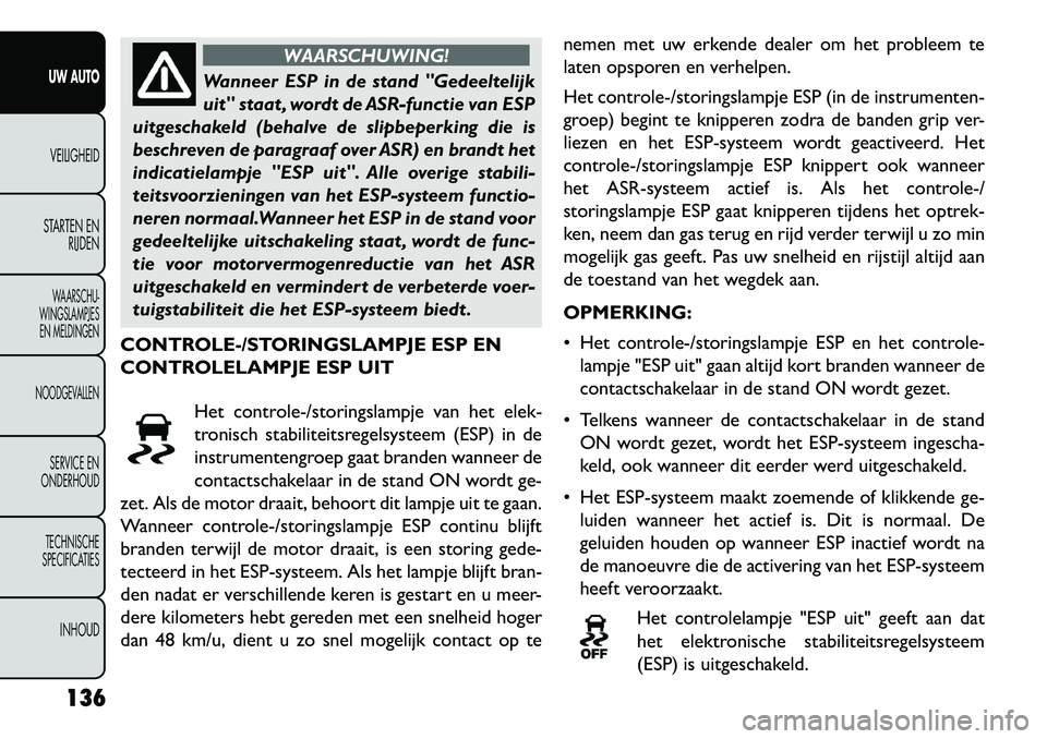 FIAT FREEMONT 2013 Instructieboek (in Dutch) WAARSCHUWING!
Wanneer ESP in de stand "Gedeeltelijk
ui
t" staat , wordt de ASR-functie van ESP
uitgeschakeld (behalve de slipbeperking die is
beschreven de paragraaf over ASR) en brandt het
indicatie FIAT FREEMONT 2013 Instructieboek (in Dutch) WAARSCHUWING!
Wanneer ESP in de stand "Gedeeltelijk
ui
t" staat , wordt de ASR-functie van ESP
uitgeschakeld (behalve de slipbeperking die is
beschreven de paragraaf over ASR) en brandt het
indicatie