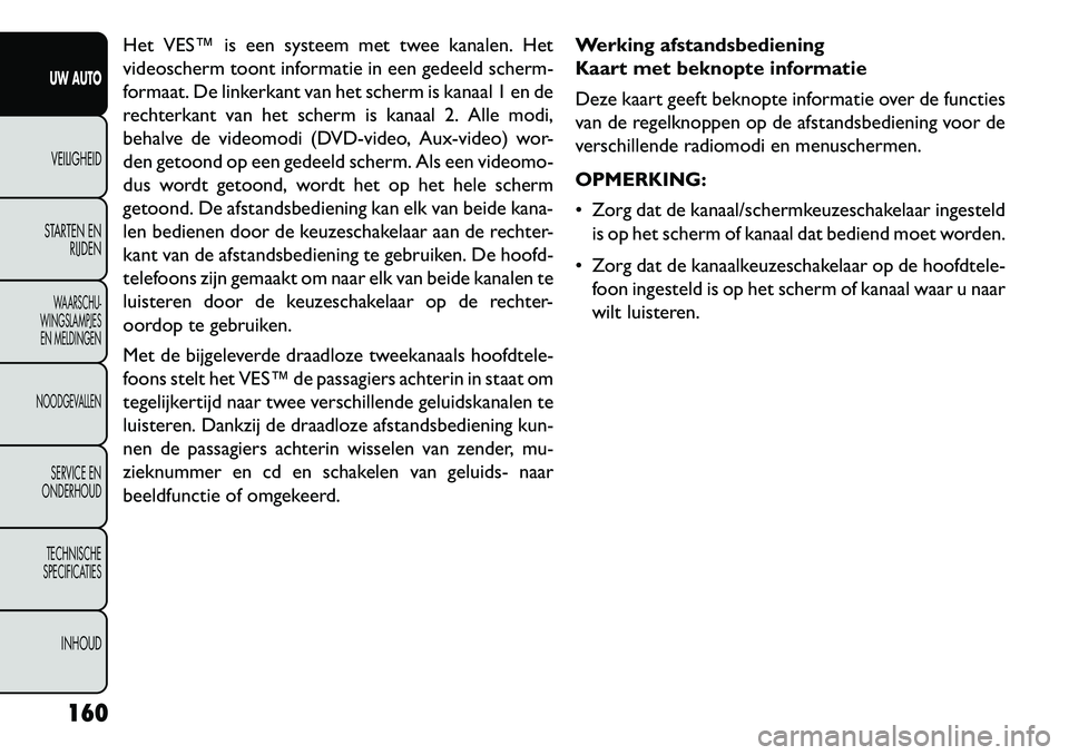 FIAT FREEMONT 2013 Instructieboek (in Dutch) Het VES™ is een systeem met twee kanalen. Het
videoscherm toont informatie in een gedeeld scherm-
formaat. De linkerkant van het scherm is kanaal 1 en de
rechterkant van het scherm is kanaal 2. Alle FIAT FREEMONT 2013 Instructieboek (in Dutch) Het VES™ is een systeem met twee kanalen. Het
videoscherm toont informatie in een gedeeld scherm-
formaat. De linkerkant van het scherm is kanaal 1 en de
rechterkant van het scherm is kanaal 2. Alle