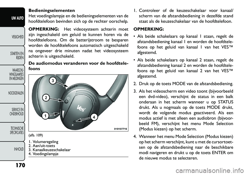 FIAT FREEMONT 2013 Instructieboek (in Dutch) Bedieningselementen
Het voedingslampje en de bedieningselementen van de
hoofdtelefoon bevinden zich op de rechter oorschelp.
OPMERKING:Het videosysteem achterin moet
zijn ingeschakeld om geluid te kun FIAT FREEMONT 2013 Instructieboek (in Dutch) Bedieningselementen
Het voedingslampje en de bedieningselementen van de
hoofdtelefoon bevinden zich op de rechter oorschelp.
OPMERKING:Het videosysteem achterin moet
zijn ingeschakeld om geluid te kun