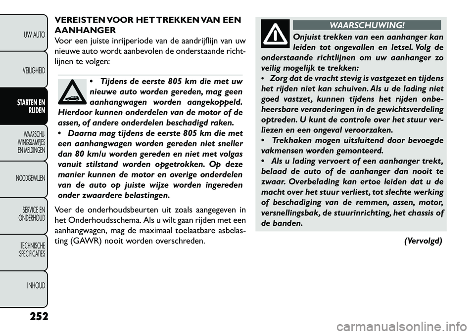FIAT FREEMONT 2013 Instructieboek (in Dutch) VEREISTEN VOOR HET TREKKEN VAN EEN
AANHANGER
Voor een juiste inrijperiode van de aandrijflijn van uw
nieuwe auto wordt aanbevolen de onderstaande richt-
lijnen te volgen:
Tijdens de eerste 805 km die FIAT FREEMONT 2013 Instructieboek (in Dutch) VEREISTEN VOOR HET TREKKEN VAN EEN
AANHANGER
Voor een juiste inrijperiode van de aandrijflijn van uw
nieuwe auto wordt aanbevolen de onderstaande richt-
lijnen te volgen:
Tijdens de eerste 805 km die