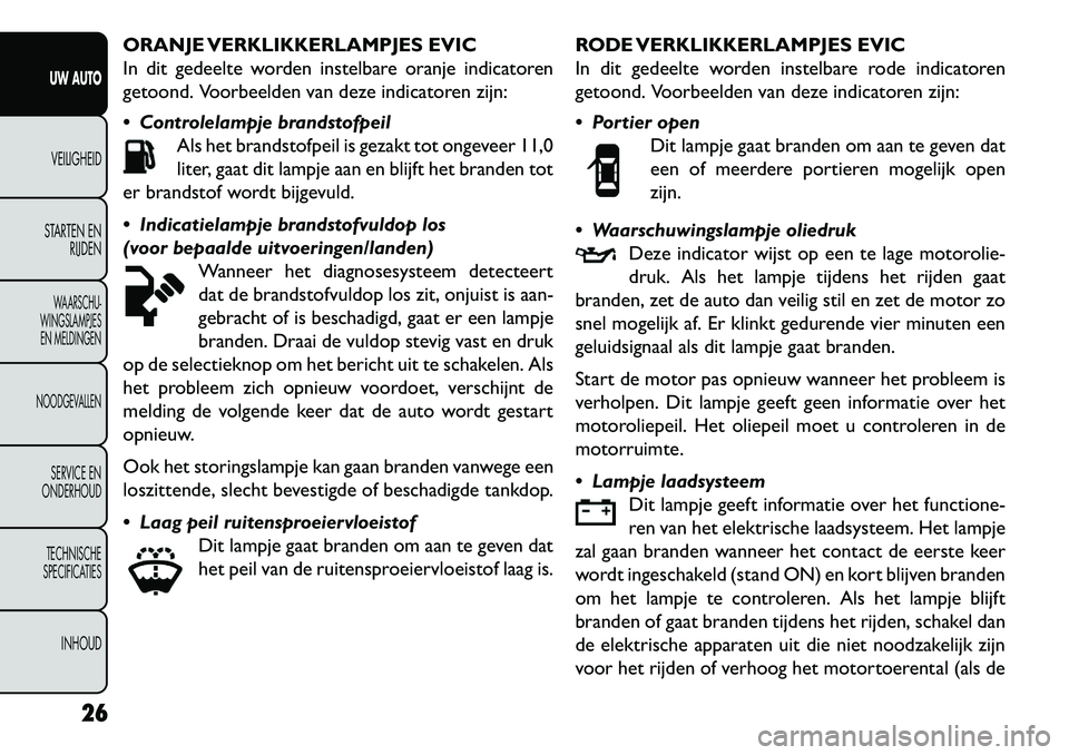 FIAT FREEMONT 2013 Instructieboek (in Dutch) ORANJE VERKLIKKERLAMPJES EVIC
In dit gedeelte worden instelbare oranje indicatoren
getoond. Voorbeelden van deze indicatoren zijn:
Controlelampje brandstofpeilAls het brandstofpeil is gezakt tot ong FIAT FREEMONT 2013 Instructieboek (in Dutch) ORANJE VERKLIKKERLAMPJES EVIC
In dit gedeelte worden instelbare oranje indicatoren
getoond. Voorbeelden van deze indicatoren zijn:
Controlelampje brandstofpeilAls het brandstofpeil is gezakt tot ong