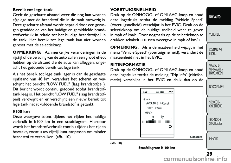 FIAT FREEMONT 2013 Instructieboek (in Dutch) Bereik tot lege tank
Geeft de geschatte afstand weer die nog kan worden
afgelegd met de brandstof die in de tank aanwezig is.
Deze geschatte afstand wordt bepaald door een gewo-
gen gemiddelde van het FIAT FREEMONT 2013 Instructieboek (in Dutch) Bereik tot lege tank
Geeft de geschatte afstand weer die nog kan worden
afgelegd met de brandstof die in de tank aanwezig is.
Deze geschatte afstand wordt bepaald door een gewo-
gen gemiddelde van het