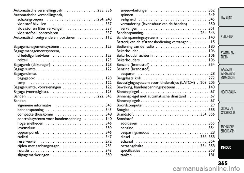 FIAT FREEMONT 2013 Instructieboek (in Dutch) Automatische versnellingsbak . . . . . . . . . . . . . .233, 336
Automatische versnellingsbak,schakelgroepen . . . . . . . . . . . . . . . . . . . . .234, 240
vloeistof bijvullen . . . . . . . . . . . FIAT FREEMONT 2013 Instructieboek (in Dutch) Automatische versnellingsbak . . . . . . . . . . . . . .233, 336
Automatische versnellingsbak,schakelgroepen . . . . . . . . . . . . . . . . . . . . .234, 240
vloeistof bijvullen . . . . . . . . . . .