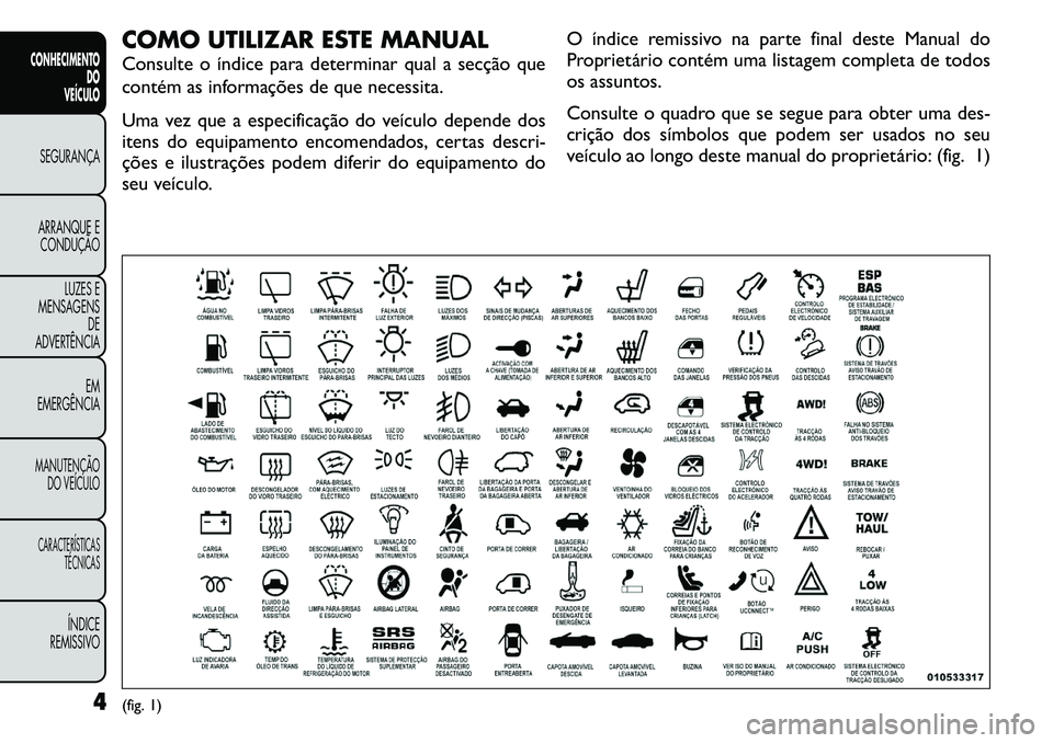 FIAT FREEMONT 2011  Manual de Uso e Manutenção (in Portuguese) COMO UTILIZAR ESTE MANUAL 
Consulte o índice para determinar qual a secção que 
contém as informações de que necessita. 
Uma vez que a especificação do veículo depende dos 
itens do equipamen