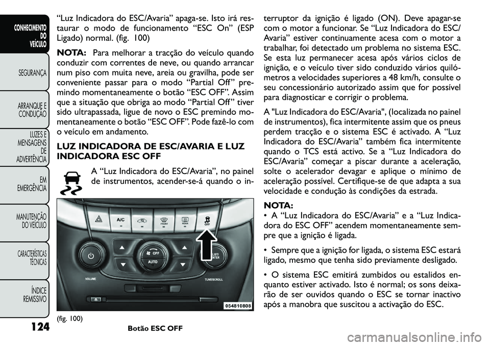 FIAT FREEMONT 2011 Manual de Uso e Manutenção (in Portuguese) “Luz Indicadora do ESC/Avaria” apaga-se. Isto irá res-
taurar o modo de funcionamento “ESC On” (ESP
Ligado) normal. (fig. 100)
NOTA:Para melhorar a tracção do veículo quando
conduzir com FIAT FREEMONT 2011 Manual de Uso e Manutenção (in Portuguese) “Luz Indicadora do ESC/Avaria” apaga-se. Isto irá res-
taurar o modo de funcionamento “ESC On” (ESP
Ligado) normal. (fig. 100)
NOTA:Para melhorar a tracção do veículo quando
conduzir com