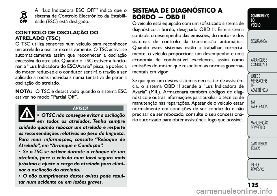 FIAT FREEMONT 2011 Manual de Uso e Manutenção (in Portuguese) A “Luz Indicadora ESC OFF” indica que o
sistema de Controlo Electrónico da Estabili-
dade (ESC) está desligado.
CONTROLO DE OSCILAÇÃO DO
ATRELADO (TSC)
O TSC utiliza sensores num veículo par FIAT FREEMONT 2011 Manual de Uso e Manutenção (in Portuguese) A “Luz Indicadora ESC OFF” indica que o
sistema de Controlo Electrónico da Estabili-
dade (ESC) está desligado.
CONTROLO DE OSCILAÇÃO DO
ATRELADO (TSC)
O TSC utiliza sensores num veículo par