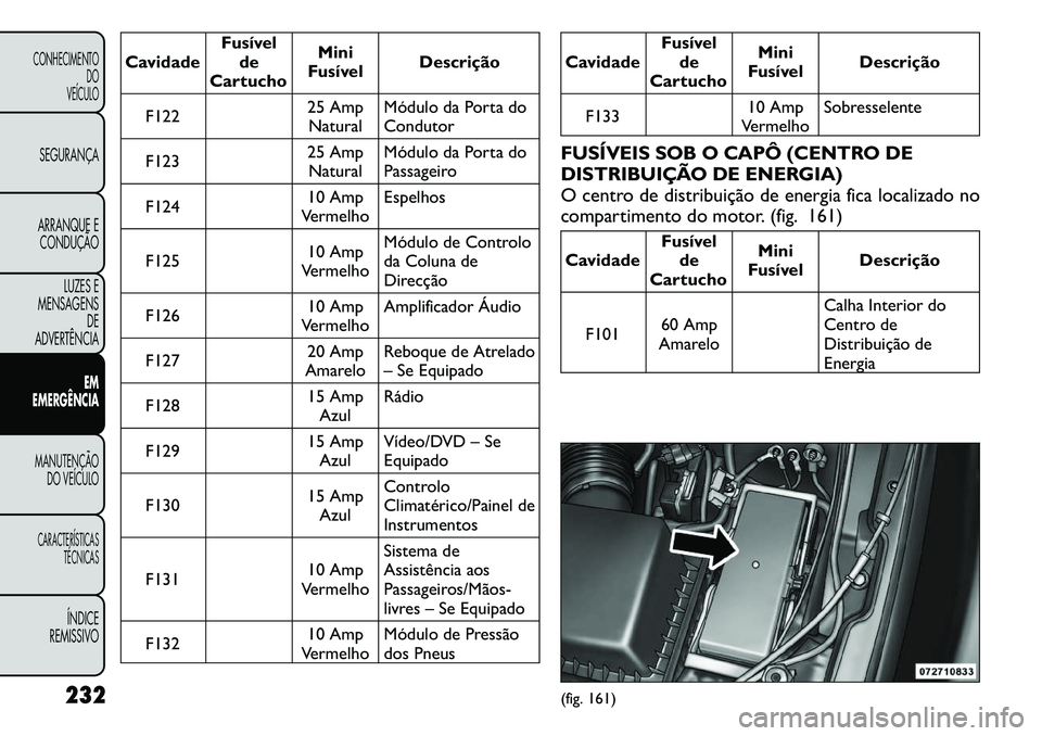 FIAT FREEMONT 2011  Manual de Uso e Manutenção (in Portuguese) CavidadeFusível
de
Cartucho Mini
Fusível Descrição
F122 25 Amp
Natural Módulo da Porta do 
Condutor
F123 25 Amp
Natural Módulo da Porta do
Passageiro
F124 10 Amp
Vermelho Espelhos
F125 10 Amp
Ve