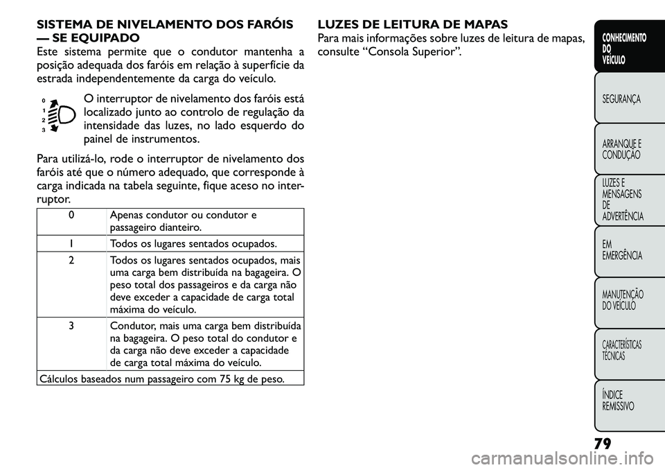 FIAT FREEMONT 2011 Manual de Uso e Manutenção (in Portuguese) SISTEMA DE NIVELAMENTO DOS FARÓIS
— SE EQUIPADO
Este sistema permite que o condutor mantenha a
posição adequada dos faróis em relação à superfície da
estrada independentemente da carga do v FIAT FREEMONT 2011 Manual de Uso e Manutenção (in Portuguese) SISTEMA DE NIVELAMENTO DOS FARÓIS
— SE EQUIPADO
Este sistema permite que o condutor mantenha a
posição adequada dos faróis em relação à superfície da
estrada independentemente da carga do v