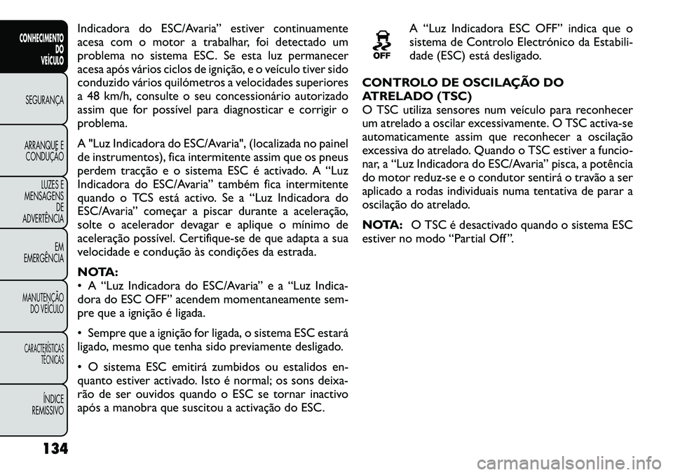 FIAT FREEMONT 2012 Manual de Uso e Manutenção (in Portuguese) Indicadora do ESC/Avaria” estiver continuamente
acesa com o motor a trabalhar, foi detectado um
problema no sistema ESC. Se esta luz permanecer
acesa após vários ciclos de ignição, e o veículo FIAT FREEMONT 2012 Manual de Uso e Manutenção (in Portuguese) Indicadora do ESC/Avaria” estiver continuamente
acesa com o motor a trabalhar, foi detectado um
problema no sistema ESC. Se esta luz permanecer
acesa após vários ciclos de ignição, e o veículo