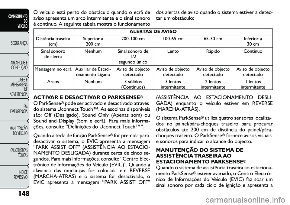 FIAT FREEMONT 2012  Manual de Uso e Manutenção (in Portuguese) O veículo está perto do obstáculo quando o ecrã de 
aviso apresenta um arco intermitente e o sinal sonoro
é contínuo. A seguinte tabela mostra o funcionamentodos alertas de aviso quando o sistem