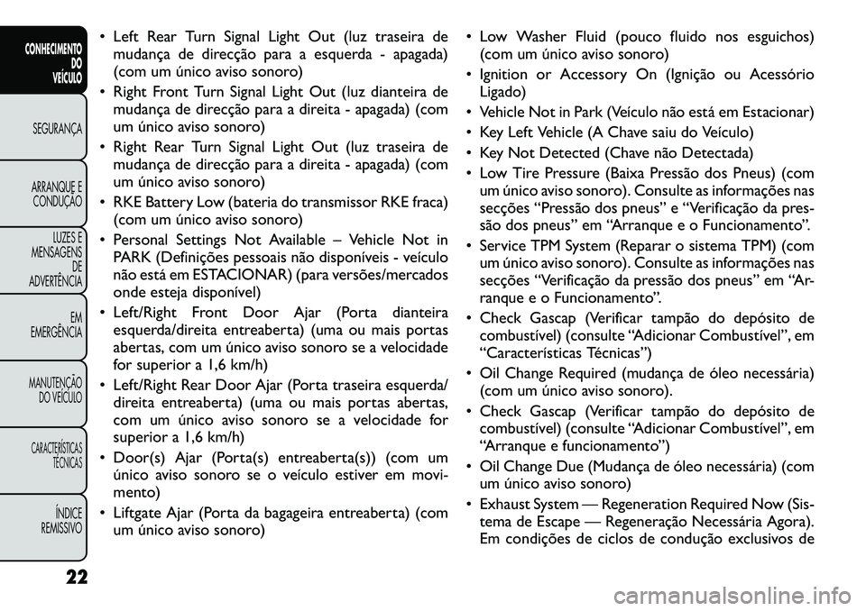 FIAT FREEMONT 2012 Manual de Uso e Manutenção (in Portuguese) Left Rear Turn Signal Light Out (luz traseira demudança de direcção para a esquerda - apagada)
(com um único aviso sonoro)
Right Front Turn Signal Light Out (luz dianteira de mudança de dire FIAT FREEMONT 2012 Manual de Uso e Manutenção (in Portuguese) Left Rear Turn Signal Light Out (luz traseira demudança de direcção para a esquerda - apagada)
(com um único aviso sonoro)
Right Front Turn Signal Light Out (luz dianteira de mudança de dire