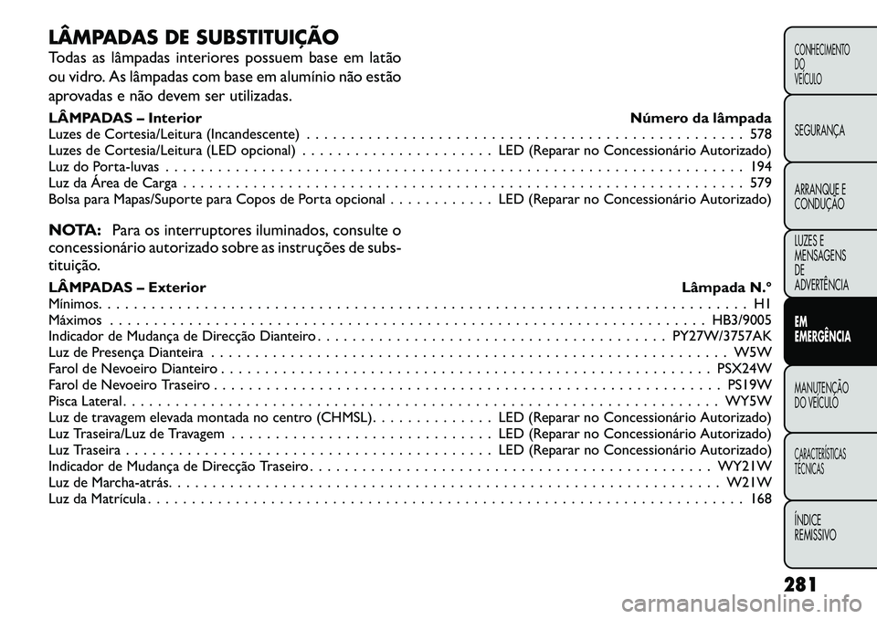 FIAT FREEMONT 2012 Manual de Uso e Manutenção (in Portuguese) LÂMPADAS DE SUBSTITUIÇÃO
Todas as lâmpadas interiores possuem base em latão
ou vidro. As lâmpadas com base em alumínio não estão
aprovadas e não devem ser utilizadas.
LÂMPADAS – Interi FIAT FREEMONT 2012 Manual de Uso e Manutenção (in Portuguese) LÂMPADAS DE SUBSTITUIÇÃO
Todas as lâmpadas interiores possuem base em latão
ou vidro. As lâmpadas com base em alumínio não estão
aprovadas e não devem ser utilizadas.
LÂMPADAS – Interi