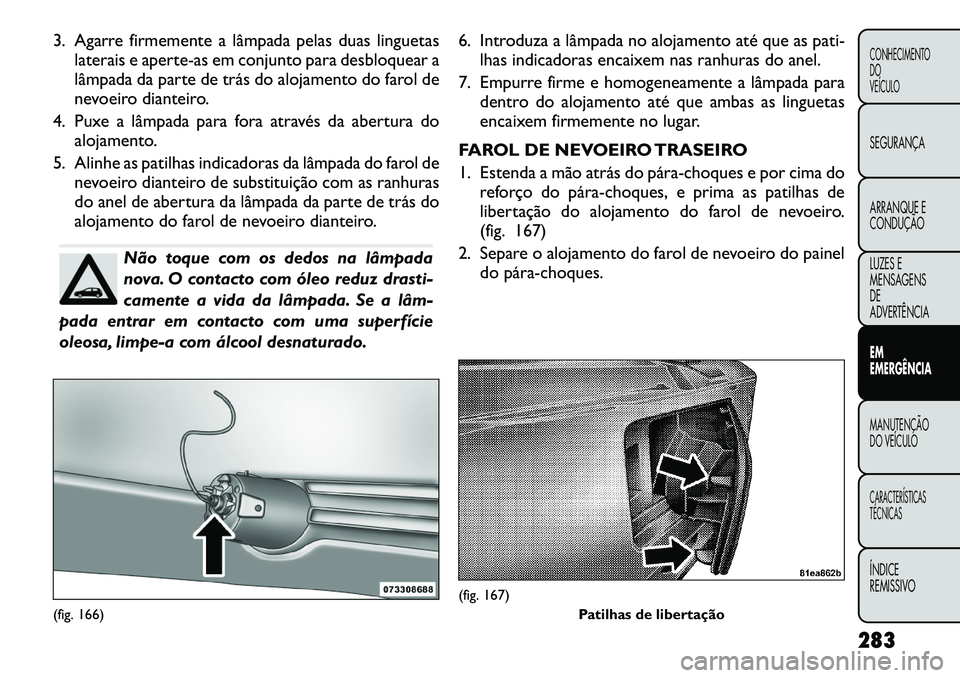 FIAT FREEMONT 2012 Manual de Uso e Manutenção (in Portuguese) 3. Agarre firmemente a lâmpada pelas duas linguetaslaterais e apert e-as em conjunto para desbloquear a
lâmpada da parte de trás do alojamento do farol de
nevoeiro dianteiro.
4. Puxe a lâmpada pa FIAT FREEMONT 2012 Manual de Uso e Manutenção (in Portuguese) 3. Agarre firmemente a lâmpada pelas duas linguetaslaterais e apert e-as em conjunto para desbloquear a
lâmpada da parte de trás do alojamento do farol de
nevoeiro dianteiro.
4. Puxe a lâmpada pa