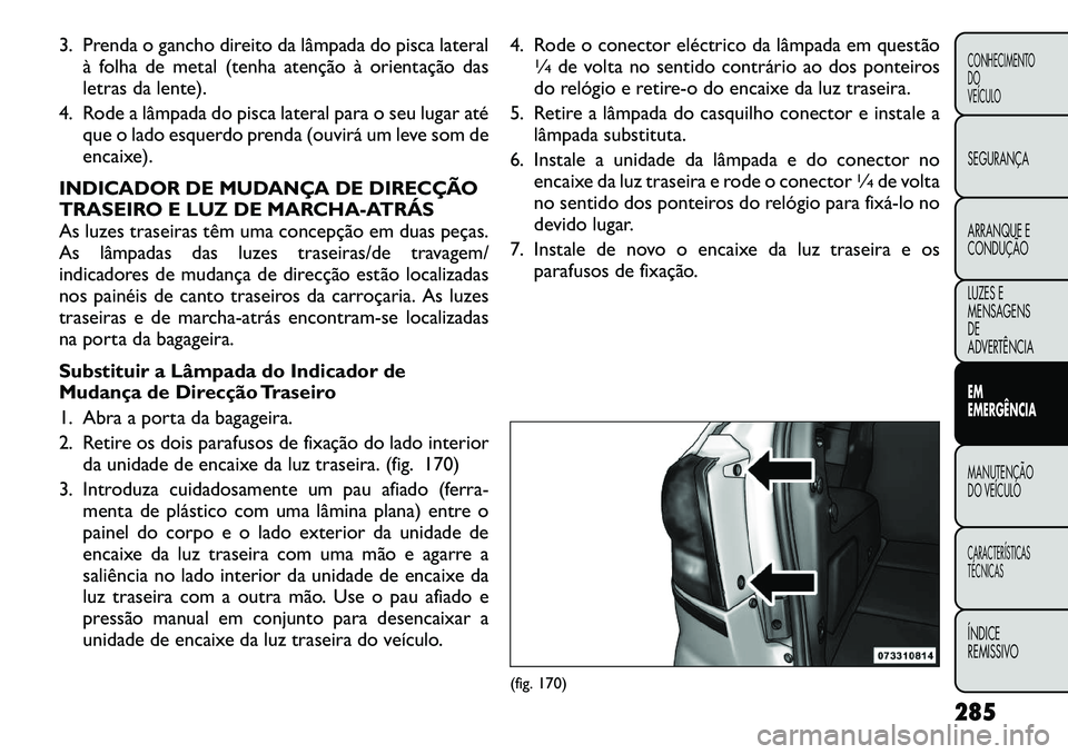 FIAT FREEMONT 2012 Manual de Uso e Manutenção (in Portuguese) 3. Prenda o gancho direito da lâmpada do pisca lateralà folha de metal (tenha atenção à orientação das
letras da lente).
4. Rode a lâmpada do pisca lateral para o seu lugar até que o lado es FIAT FREEMONT 2012 Manual de Uso e Manutenção (in Portuguese) 3. Prenda o gancho direito da lâmpada do pisca lateralà folha de metal (tenha atenção à orientação das
letras da lente).
4. Rode a lâmpada do pisca lateral para o seu lugar até que o lado es