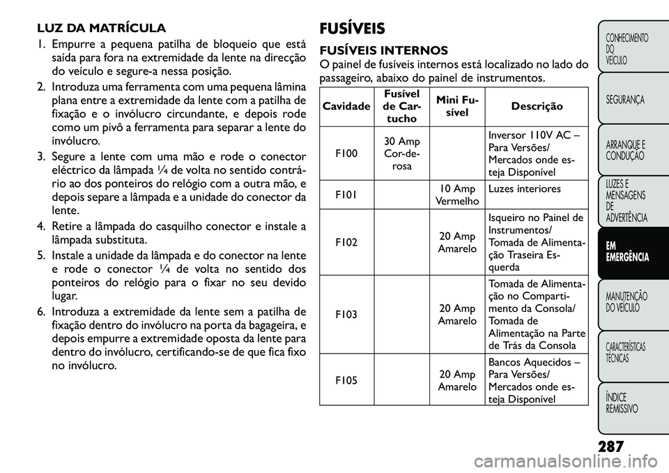 FIAT FREEMONT 2012 Manual de Uso e Manutenção (in Portuguese) LUZ DA MATRÍCULA
1. Empurre a pequena patilha de bloqueio que estásaída para fora na extremidade da lente na direcção
do veículo e segure-a nessa posição.
2. Introduza uma ferramenta com uma FIAT FREEMONT 2012 Manual de Uso e Manutenção (in Portuguese) LUZ DA MATRÍCULA
1. Empurre a pequena patilha de bloqueio que estásaída para fora na extremidade da lente na direcção
do veículo e segure-a nessa posição.
2. Introduza uma ferramenta com uma