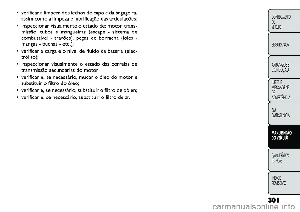 FIAT FREEMONT 2012  Manual de Uso e Manutenção (in Portuguese)  verificar a limpeza dos fechos do capô e da bagageira,assim como a limpeza e lubrificação das articulações;
 inspeccionar visualmente o estado de: motor, trans-
missão, tubos e mangueiras (es