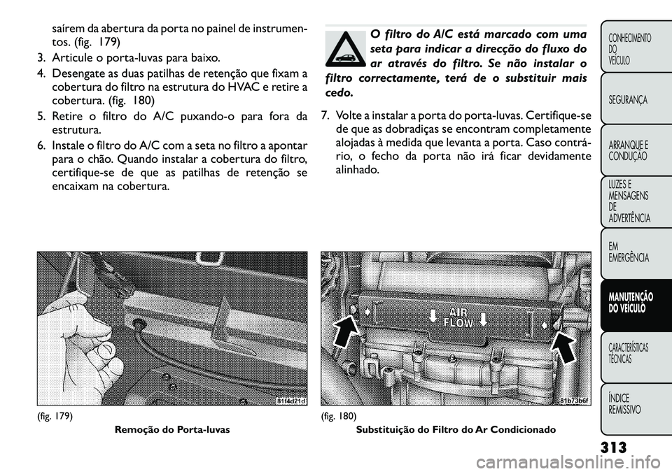 FIAT FREEMONT 2012 Manual de Uso e Manutenção (in Portuguese) saírem da abertura da porta no painel de instrumen-
tos. (fig. 179)
3. Articule o porta-luvas para baixo.
4. Desengate as duas patilhas de retenção que fixam a cobertura do filtro na estrutura do FIAT FREEMONT 2012 Manual de Uso e Manutenção (in Portuguese) saírem da abertura da porta no painel de instrumen-
tos. (fig. 179)
3. Articule o porta-luvas para baixo.
4. Desengate as duas patilhas de retenção que fixam a cobertura do filtro na estrutura do