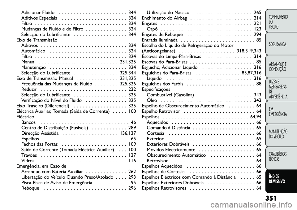 FIAT FREEMONT 2012 Manual de Uso e Manutenção (in Portuguese) Adicionar Fluido . . . . . . . . . . . . . . . . . . . . . . . 344
Aditivos Especiais . . . . . . . . . . . . . . . . . . . . . . 324
Filtro . . . . . . . . . . . . . . . . . . . . . . . . . . . . . FIAT FREEMONT 2012 Manual de Uso e Manutenção (in Portuguese) Adicionar Fluido . . . . . . . . . . . . . . . . . . . . . . . 344
Aditivos Especiais . . . . . . . . . . . . . . . . . . . . . . 324
Filtro . . . . . . . . . . . . . . . . . . . . . . . . . . . . .