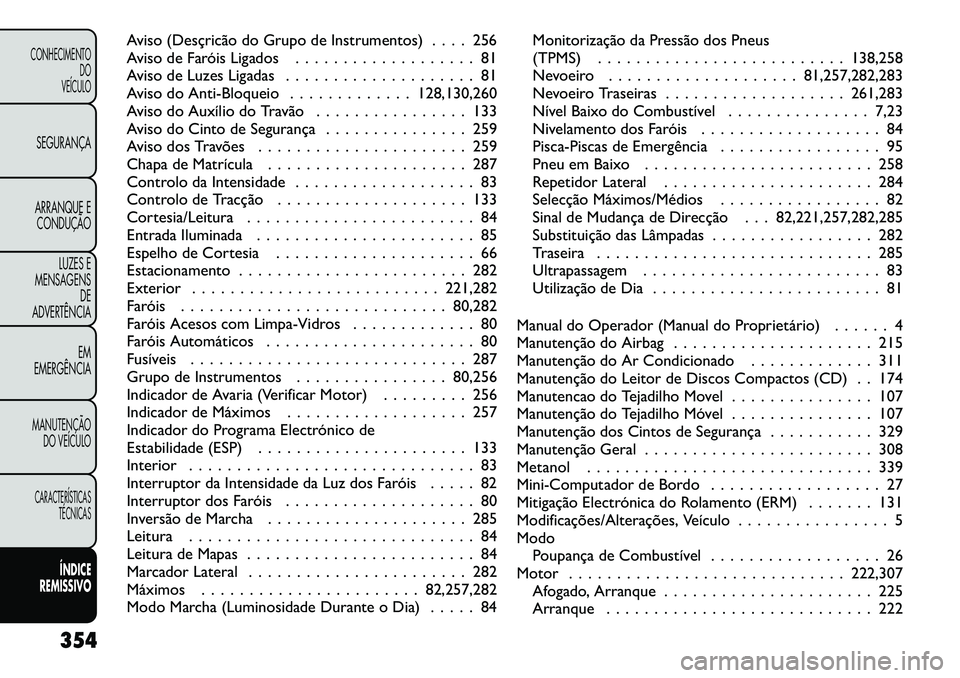 FIAT FREEMONT 2012 Manual de Uso e Manutenção (in Portuguese) Aviso (Desçricão do Grupo de Instrumentos) . . . . 256
Aviso de Faróis Ligados . . . . . . . . . . . . . . . . . . . 81
Aviso de Luzes Ligadas . . . . . . . . . . . . . . . . . . . . 81
Aviso do A FIAT FREEMONT 2012 Manual de Uso e Manutenção (in Portuguese) Aviso (Desçricão do Grupo de Instrumentos) . . . . 256
Aviso de Faróis Ligados . . . . . . . . . . . . . . . . . . . 81
Aviso de Luzes Ligadas . . . . . . . . . . . . . . . . . . . . 81
Aviso do A