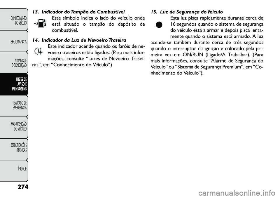 FIAT FREEMONT 2013 Manual de Uso e Manutenção (in Portuguese) 13. Indicador do Tampão do CombustívelEste símbolo indica o lado do veículo onde
está situado o tampão do depósito de
combustível.
14. Indicador da Luz de Nevoeiro Traseira Este indicador acen FIAT FREEMONT 2013 Manual de Uso e Manutenção (in Portuguese) 13. Indicador do Tampão do CombustívelEste símbolo indica o lado do veículo onde
está situado o tampão do depósito de
combustível.
14. Indicador da Luz de Nevoeiro Traseira Este indicador acen