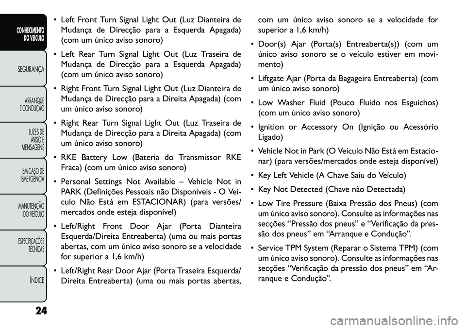FIAT FREEMONT 2013 Manual de Uso e Manutenção (in Portuguese) Left Front Turn Signal Light Out (Luz Dianteira deMudança de Direcção para a Esquerda Apagada)
(com um único aviso sonoro)
Left Rear Turn Signal Light Out (Luz Traseira de Mudança de Direcç FIAT FREEMONT 2013 Manual de Uso e Manutenção (in Portuguese) Left Front Turn Signal Light Out (Luz Dianteira deMudança de Direcção para a Esquerda Apagada)
(com um único aviso sonoro)
Left Rear Turn Signal Light Out (Luz Traseira de Mudança de Direcç