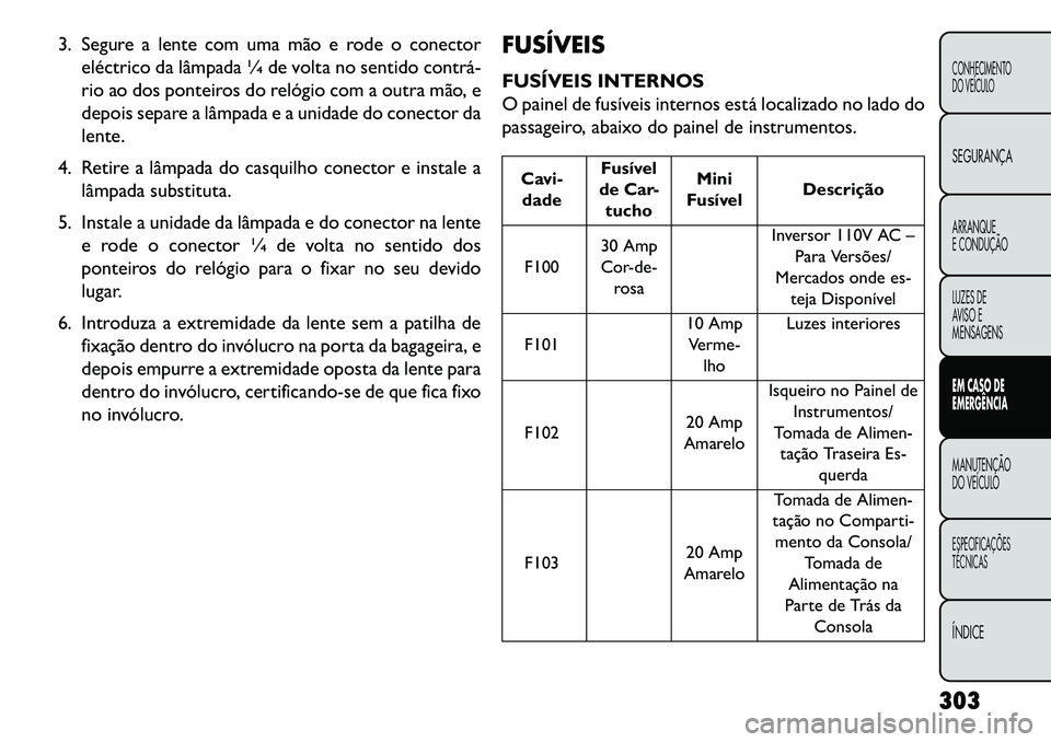 FIAT FREEMONT 2013 Manual de Uso e Manutenção (in Portuguese) 3. Segure a lente com uma mão e rode o conectoreléctrico da lâmpada ¼ de volta no sentido contrá
rio ao dos ponteiros do relógio com a outra mão, e
depois separe a lâmpada e a unidade do con FIAT FREEMONT 2013 Manual de Uso e Manutenção (in Portuguese) 3. Segure a lente com uma mão e rode o conectoreléctrico da lâmpada ¼ de volta no sentido contrá
rio ao dos ponteiros do relógio com a outra mão, e
depois separe a lâmpada e a unidade do con