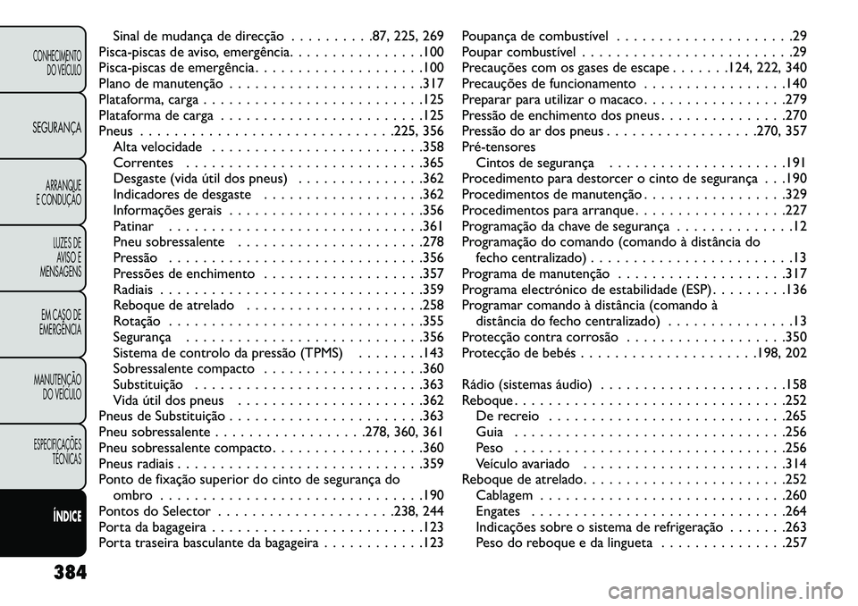 FIAT FREEMONT 2013  Manual de Uso e Manutenção (in Portuguese) Sinal de mudança de direcção . . . . . . . . . .87, 225, 269
Pisca-piscas de aviso, emergência. . . . . . . . . . . . . . . .100
Pisca-piscas de emergência . . . . . . . . . . . . . . . . . . . .