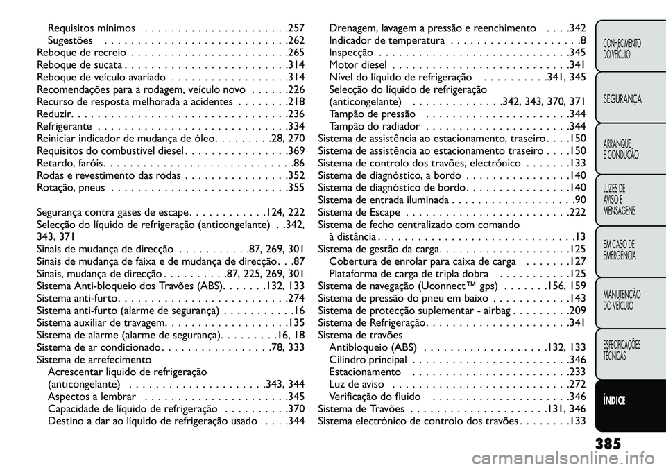 FIAT FREEMONT 2013 Manual de Uso e Manutenção (in Portuguese) Requisitos mínimos . . . . . . . . . . . . . . . . . . . . . .257
Sugestões . . . . . . . . . . . . . . . . . . . . . . . . . . . .262
Reboque de recreio . . . . . . . . . . . . . . . . . . . . . . FIAT FREEMONT 2013 Manual de Uso e Manutenção (in Portuguese) Requisitos mínimos . . . . . . . . . . . . . . . . . . . . . .257
Sugestões . . . . . . . . . . . . . . . . . . . . . . . . . . . .262
Reboque de recreio . . . . . . . . . . . . . . . . . . . . . .