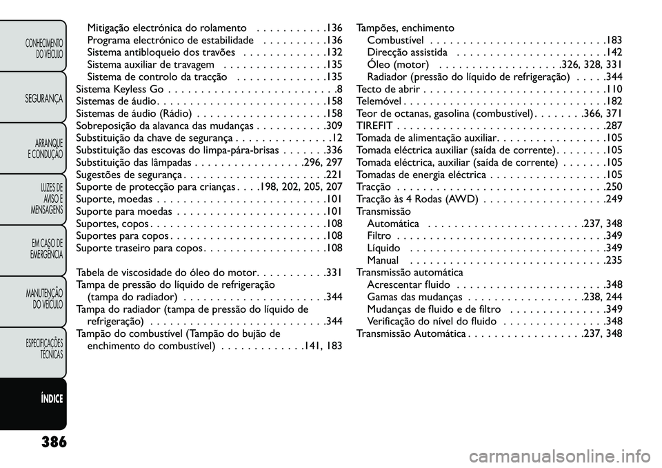 FIAT FREEMONT 2013 Manual de Uso e Manutenção (in Portuguese) Mitigação electrónica do rolamento . . . . . . . . . . .136
Programa electrónico de estabilidade . . . . . . . . . .136
Sistema antibloqueio dos travões . . . . . . . . . . . . .132
Sistema auxil FIAT FREEMONT 2013 Manual de Uso e Manutenção (in Portuguese) Mitigação electrónica do rolamento . . . . . . . . . . .136
Programa electrónico de estabilidade . . . . . . . . . .136
Sistema antibloqueio dos travões . . . . . . . . . . . . .132
Sistema auxil