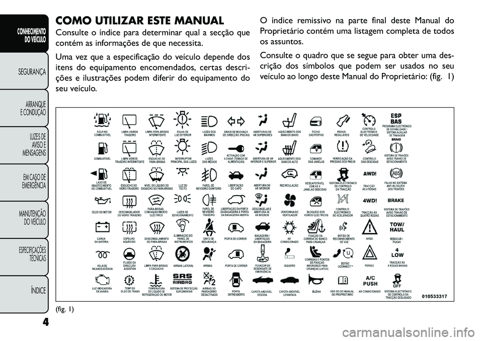 FIAT FREEMONT 2013 Manual de Uso e Manutenção (in Portuguese) COMO UTILIZAR ESTE MANUAL
Consulte o índice para determinar qual a secção que
contém as informações de que necessita.
Uma vez que a especificação do veículo depende dos
itens do equipamento e FIAT FREEMONT 2013 Manual de Uso e Manutenção (in Portuguese) COMO UTILIZAR ESTE MANUAL
Consulte o índice para determinar qual a secção que
contém as informações de que necessita.
Uma vez que a especificação do veículo depende dos
itens do equipamento e