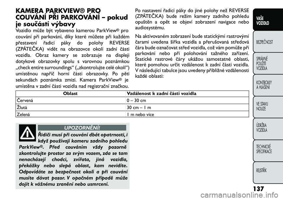 FIAT FREEMONT 2011 Návod k použití a údržbě (in Czech) KAMERA PARKVIEW® PRO
COUVÁNÍ PŘI PARKOVÁNÍ – pokud
je součástí výbavy
Vozidlo může být vybaveno kamerou ParkView
®pro
couvání při parkování, díky které můžete při každém FIAT FREEMONT 2011 Návod k použití a údržbě (in Czech) KAMERA PARKVIEW® PRO
COUVÁNÍ PŘI PARKOVÁNÍ – pokud
je součástí výbavy
Vozidlo může být vybaveno kamerou ParkView
®pro
couvání při parkování, díky které můžete při každém