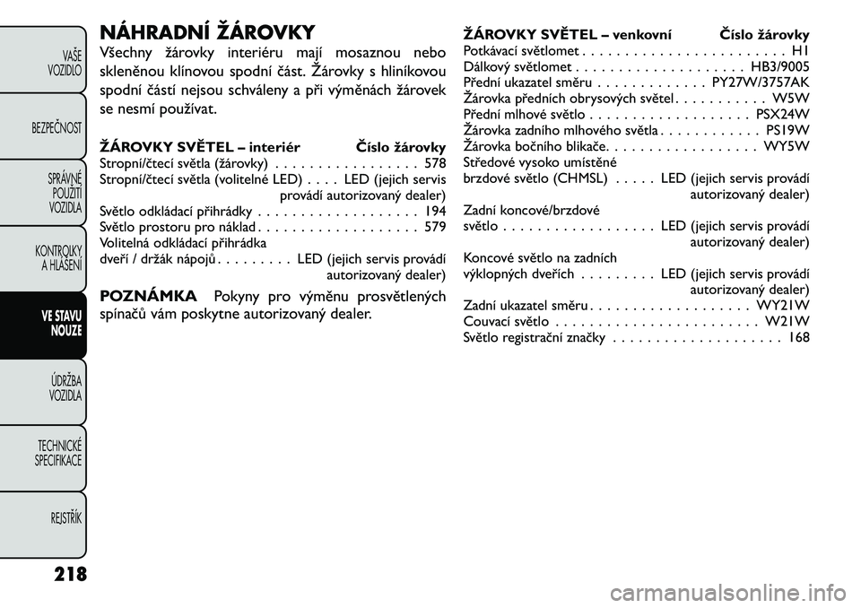 FIAT FREEMONT 2011 Návod k použití a údržbě (in Czech) NÁHRADNÍ ŽÁROVKY
Všechny žárovky interiéru mají mosaznou nebo
skleněnou klínovou spodní část. Žárovky s hliníkovou
spodní částí nejsou schváleny a při výměnách žárovek
se FIAT FREEMONT 2011 Návod k použití a údržbě (in Czech) NÁHRADNÍ ŽÁROVKY
Všechny žárovky interiéru mají mosaznou nebo
skleněnou klínovou spodní část. Žárovky s hliníkovou
spodní částí nejsou schváleny a při výměnách žárovek
se